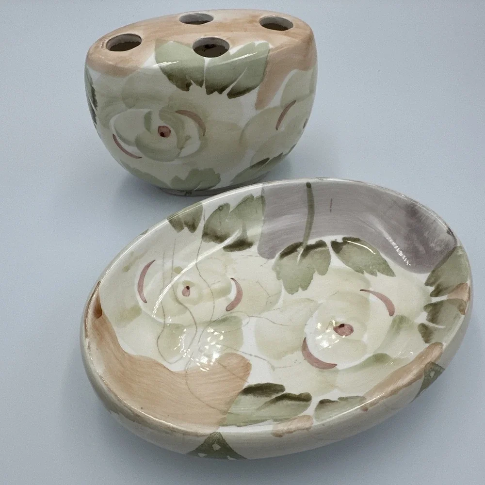 Vintage 90s Floral‎ Ceramic Toothbrush Holder Soap Dish Set Botanical Peach Sage